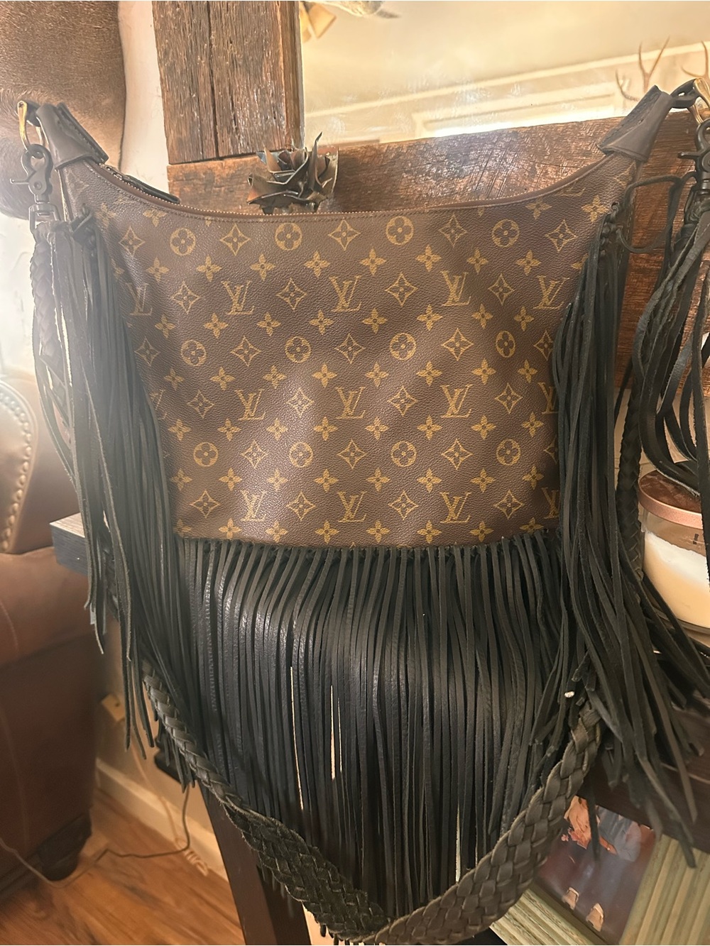 Louis Vuitton Brown Monogram Revamp with Black Fringe Crossbody Bag Vintage Boho